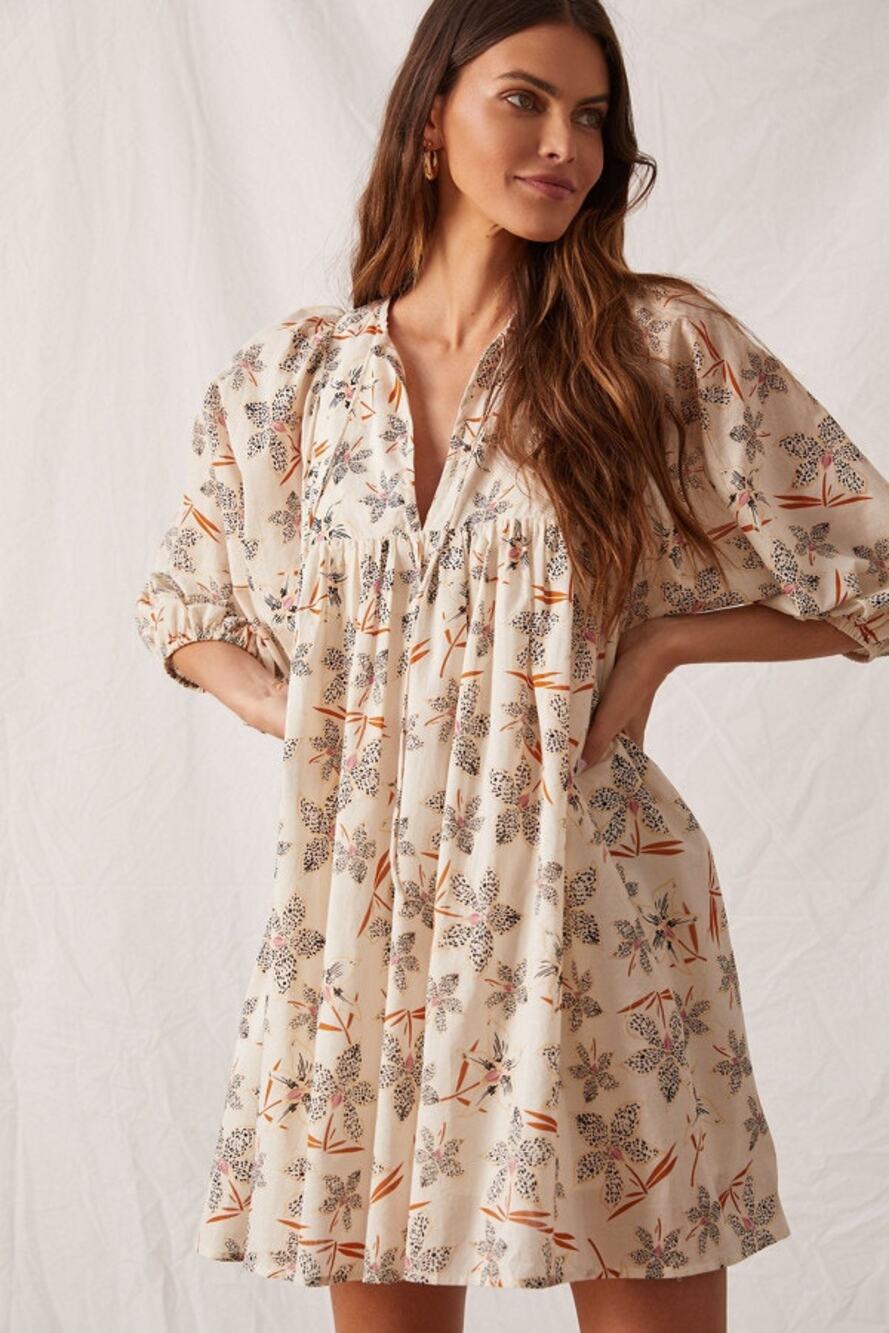 Caballero Breezy Tunic Dress Medium Floral Cotton Babydoll Mini Pockets Anthro